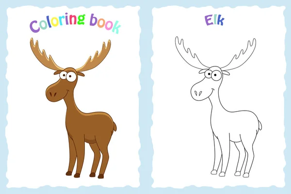 Página de libro para colorear para niños preescolares con alces coloridos y — Vector de stock