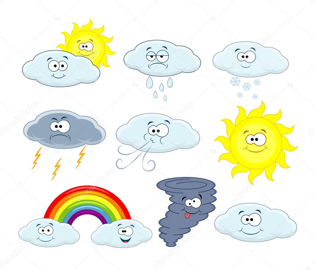 Cute cartoon vector clouds icons. Weather symbols collection. We