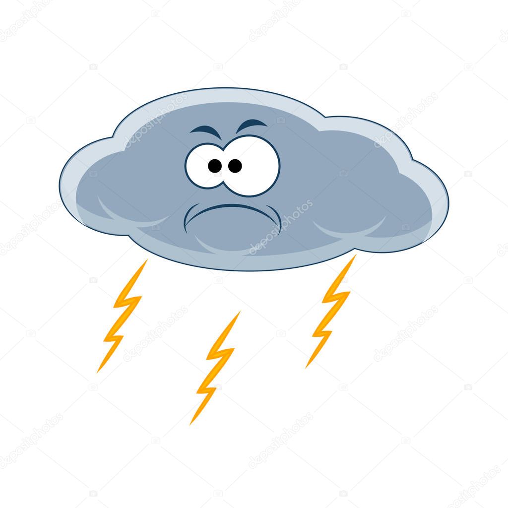 Cartoon cloud with lightning. Vector illustration isolated on wh