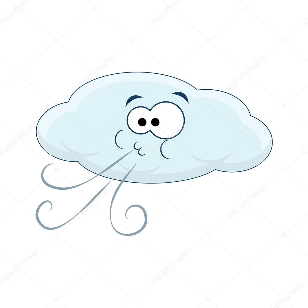 Cute cartoon cloud blows wind. Vector illustration isolated on w