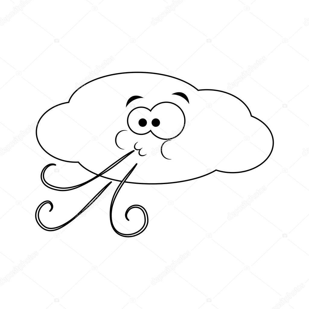 Colorless funny cartoon cloud blows wind. Vector illustration. C