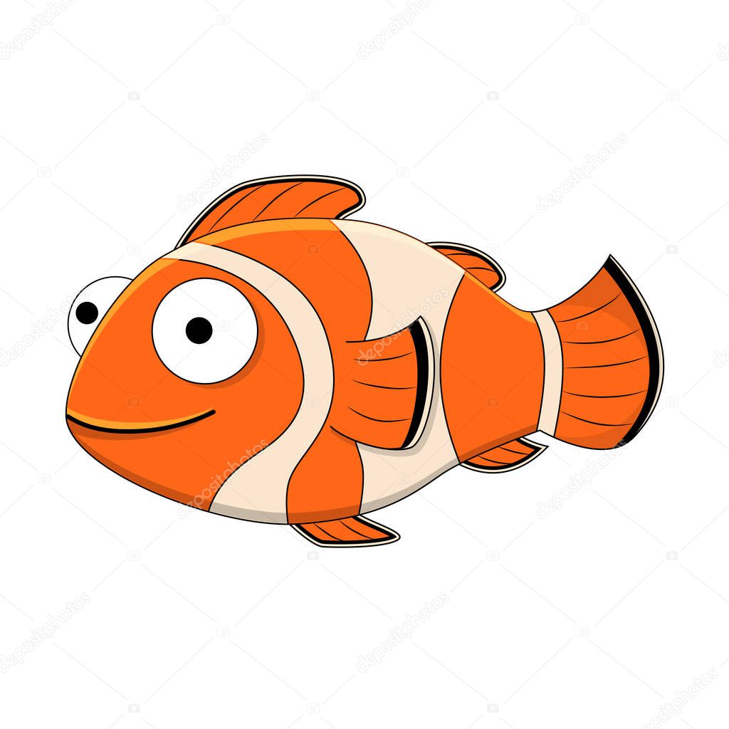 Cute cartoon clown fish. Vector illustration isolated on white b