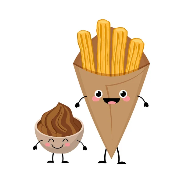 Leuke cartoon platte churos met de chockolate dip vector — Stockvector