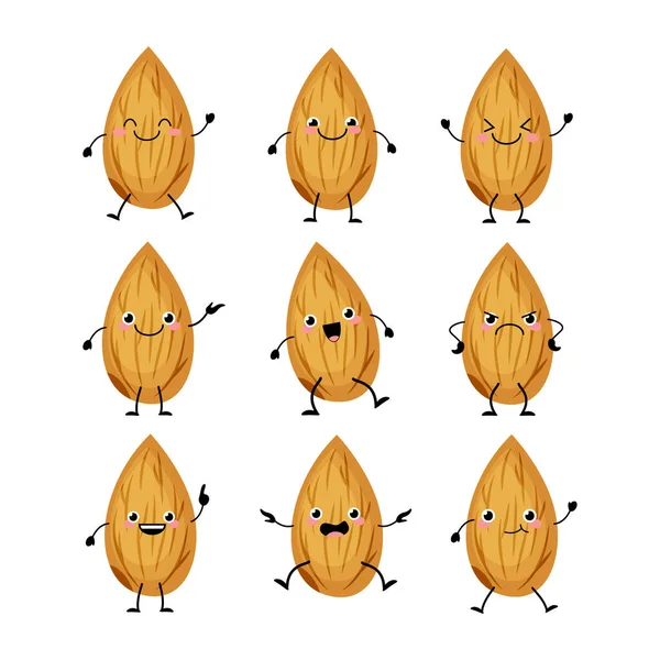 Niedlichen Mandel Zeichen mit verschiedenen Auswanderungen Vektorillustration gesetzt. — Stockvektor