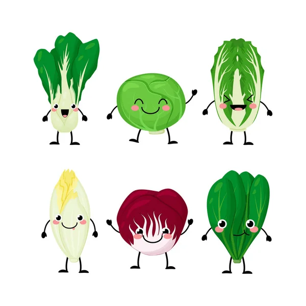 Set von verschiedenen Cartoon grünen Salatblättern Charaktere — Stockvektor
