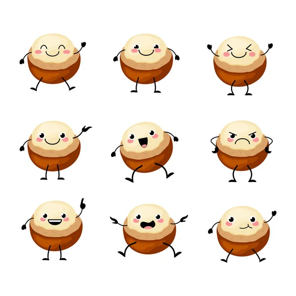 Lindos personajes de nueces de macadamia con diferentes emiciones vector ilustración . — Vector de stock
