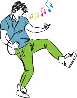 Adam kulaklıklarla müzik illüstrasyon zevk