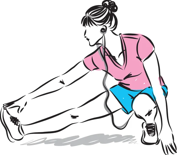 Fitness vrouw rekken met koptelefoon illustratie — Stockvector