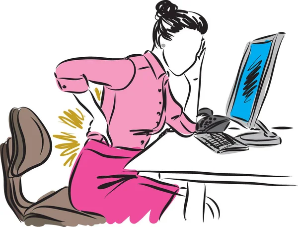 Деловая женщина за компьютером с иллюстрацией боли в спине — стоковый вектор