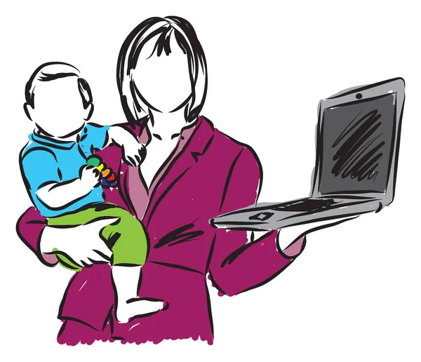 Mãe trabalho em casa com uma ilustração do bebê — Vetor de Stock