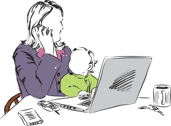 Moeder thuis werken met illustratie van de baby — Stockvector