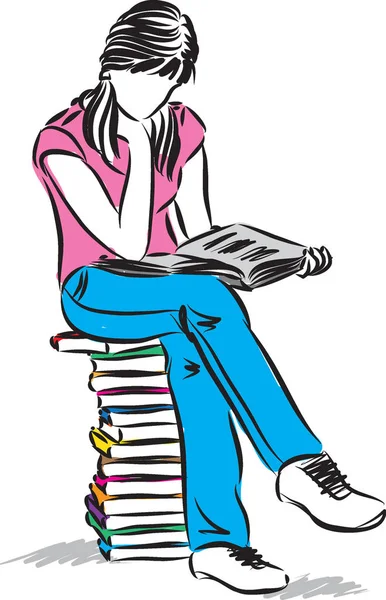 Adolescente menina sentado e lendo livro ilustração — Vetor de Stock