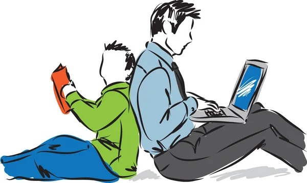 Papá con el ordenador portátil y la ilustración hijo — Vector de stock
