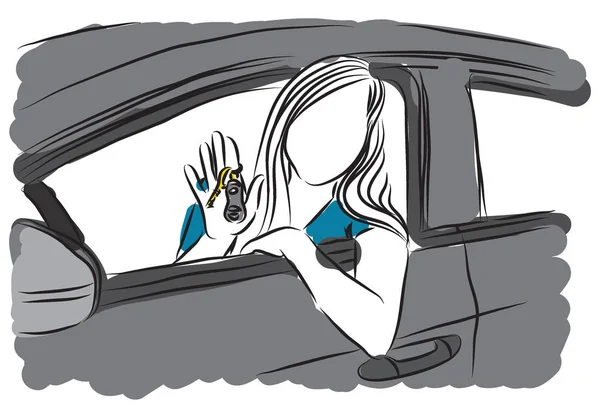 Mujer chica en el coche sosteniendo las llaves del coche ilustración — Vector de stock