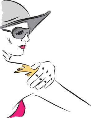 güneş koruyucu losyon illüstrasyon üzerinde koyarak kadın