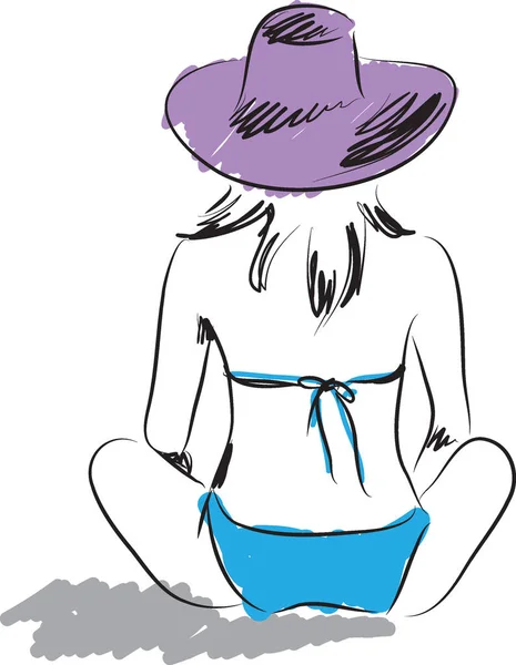 Nő ül a strandon a bikini, és egy kalap — Stock Vector