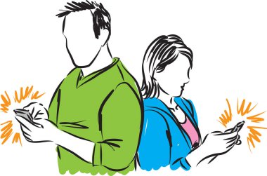  Çift erkek ve kadın cep telefonları çizim ile