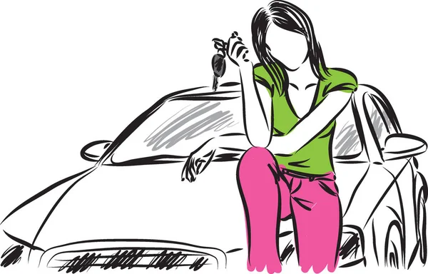 Mulher comprando um carro com chaves ilustração —  Vetores de Stock
