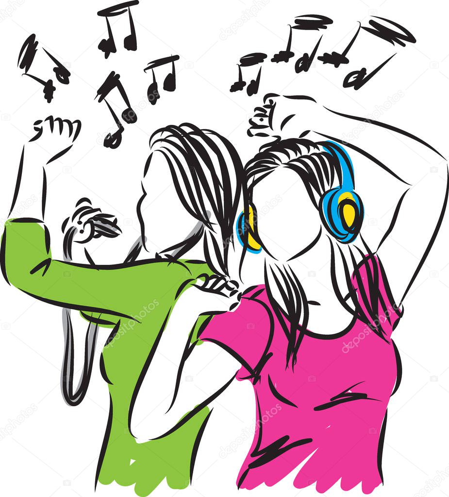 women listening music and dancing illustration