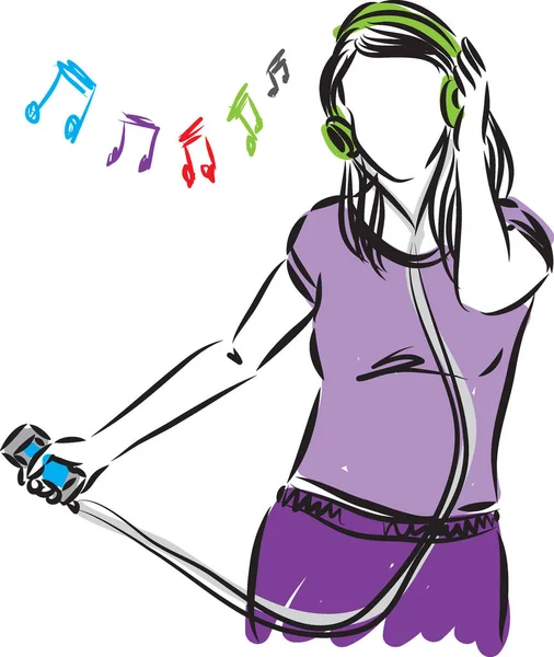 Femme fille avec téléphone écoute musique illustration — Image vectorielle