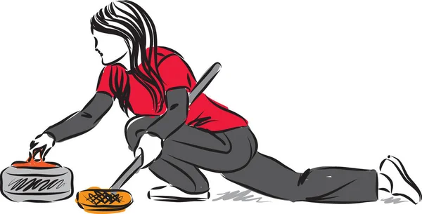 Curling žena hráč vektorové ilustrace — Stockový vektor