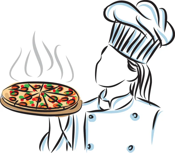 COUPEUR DE CHEF FEMME AVEC ILLUSTRATION DE PIZZA — Image vectorielle