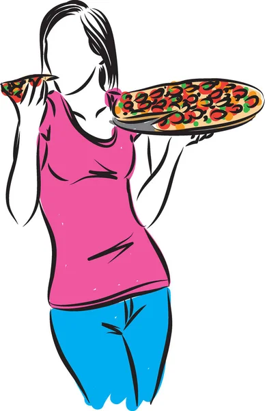 Mulher comendo pizza vetor ilustração — Vetor de Stock