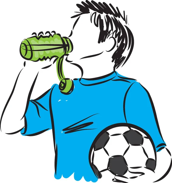 Junge mit Fußball trinkt Wasser Illustration — Stockvektor