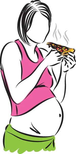 Mujer embarazada comer pizza vector ilustración — Vector de stock