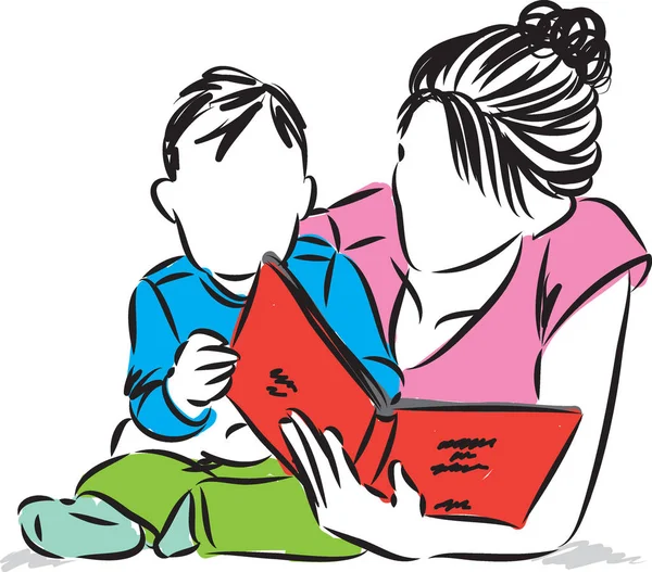 Madre con bambino lettura libro illustrazione — Vettoriale Stock