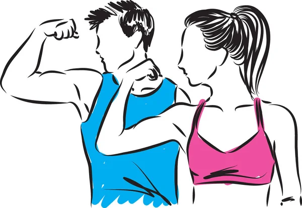Homem e mulher fitness mostrando músculos vetor ilustração — Vetor de Stock