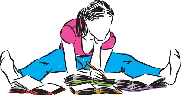 Mladá žena sedící čtení a psaní ilustrace — Stockový vektor
