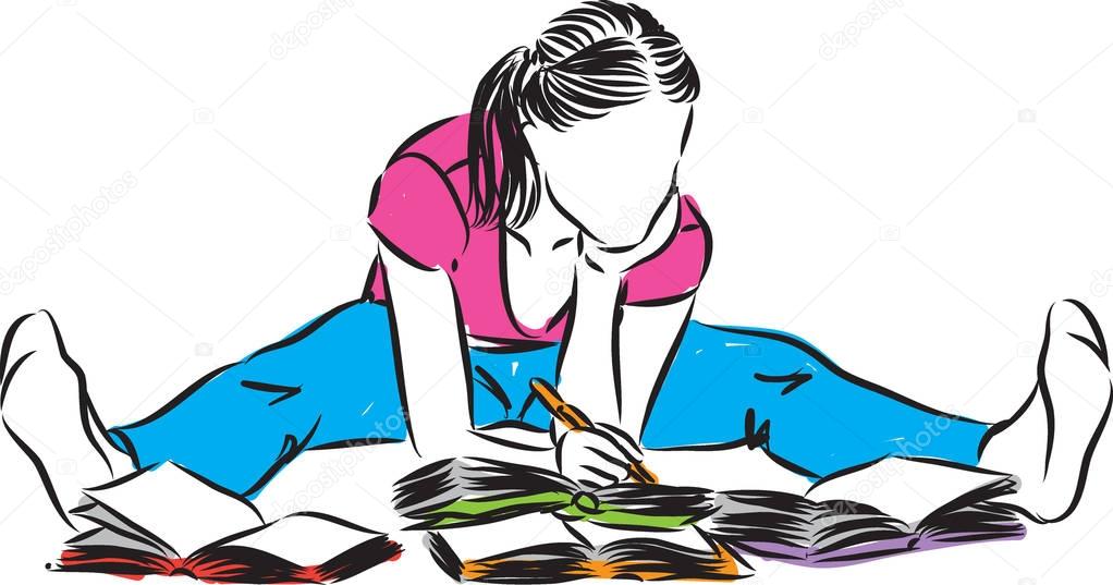 young woman sitting reading and writting illustration