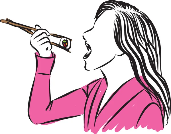 Bonita mujer comiendo sushi vector ilustración — Archivo Imágenes Vectoriales