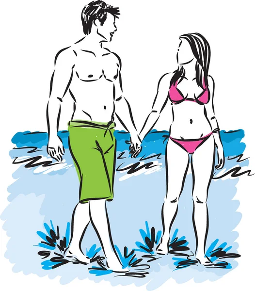 Man en vrouw lopen op het strand — Stockvector