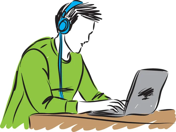 man with headphones at computer vector illustration