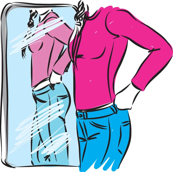 Femme essayant des vêtements dans l'illustration vectorielle miroir avant — Image vectorielle