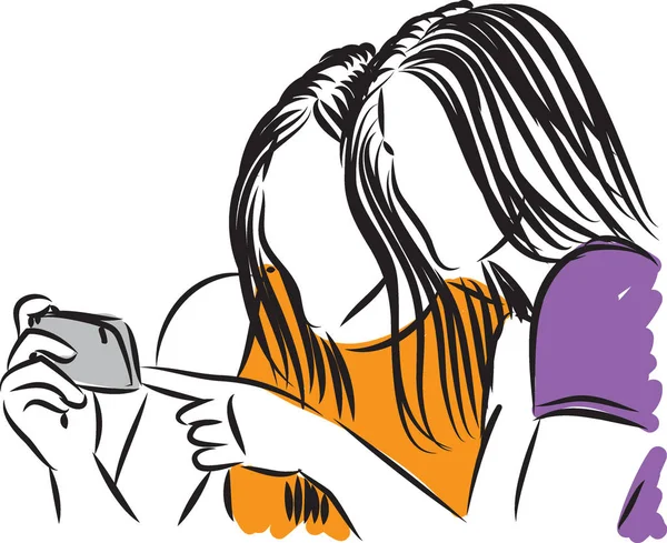 Dos chicas con ilustración de vector de teléfono celular — Vector de stock