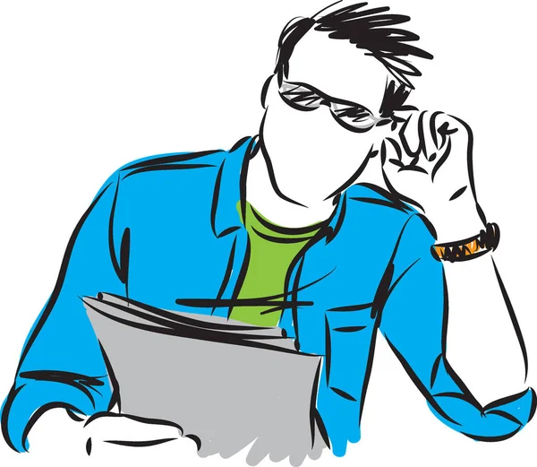 Muž nosí brýle a čtení knih vektorové ilustrace — Stockový vektor