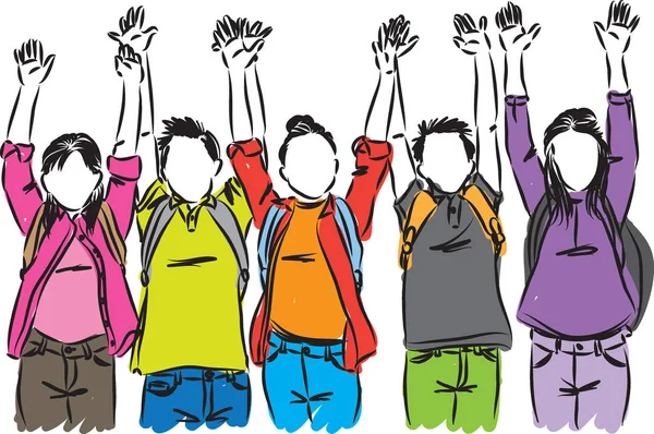 Estudiantes felices levantando manos vector ilustración — Archivo Imágenes Vectoriales