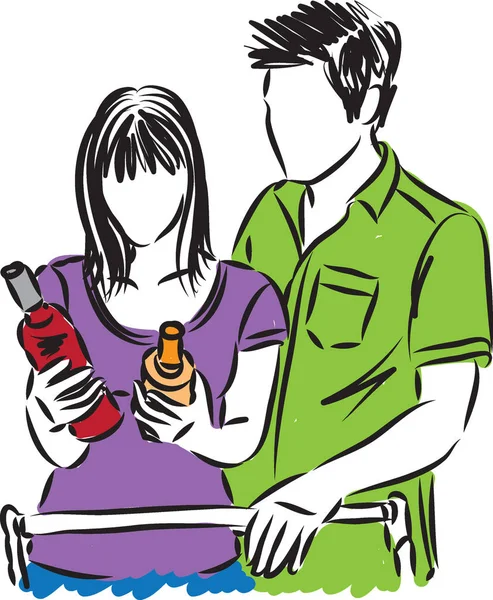 ワインのベクトル図のボトルを選択するカップル — ストックベクタ