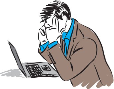 Bir Laptop vektör çizim ile düşünme iş adamı