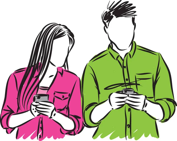 Paar Man Vrouw Met Mobiele Telefoons Vector Illustratie — Stockvector