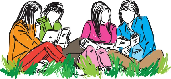 Groep Studenten Lezen Park Vectorillustratie — Stockvector