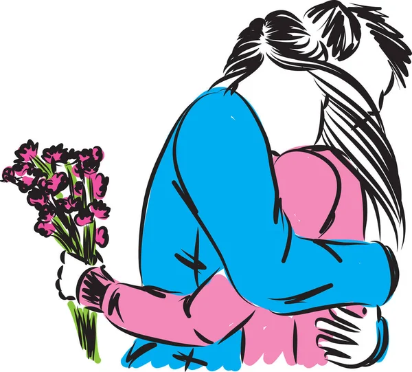 Pareja Abrazando Mujer Con Flores Vector Ilustración — Vector de stock