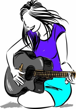 Gitar vektörü illüstrasyonu oynayan güzel bir kadın.