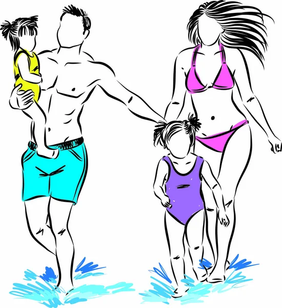 Familia Feliz Playa Vector Ilustración — Vector de stock