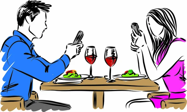 Mann Und Frau Restaurant Mit Mobiltelefonen — Stockvektor