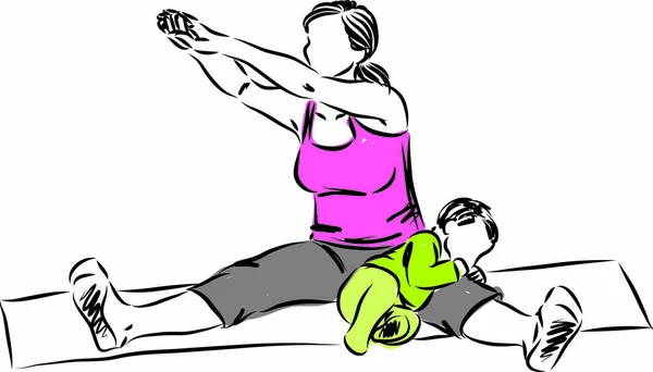Esercizi Stretching Mamma Fitness Con Illustrazione Vettoriale Bambino — Vettoriale Stock