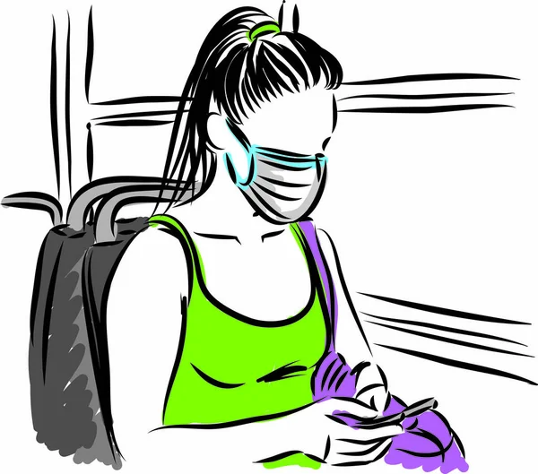 Kobieta Bus Sending Text Maską Lektora Medycznego — Wektor stockowy